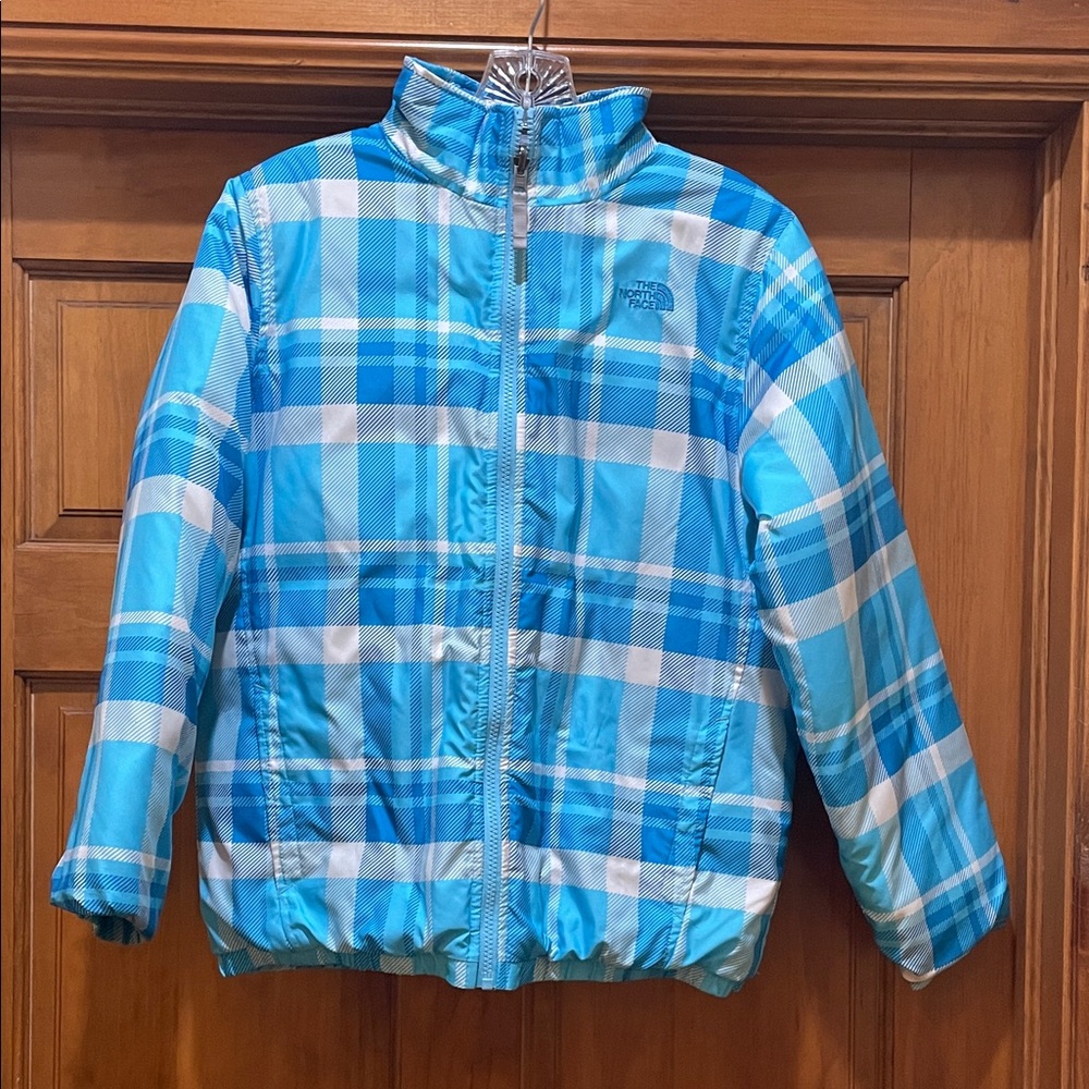 The North Face Blue and White Plaid Kids Puffer Jacket size 18